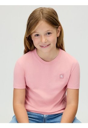 Camiseta Rosada De Manga Corta Con Insignia De Logo Bordada Calvin Klein