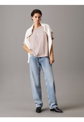 Camiseta Beige Holgada Con Monograma Calvin Klein