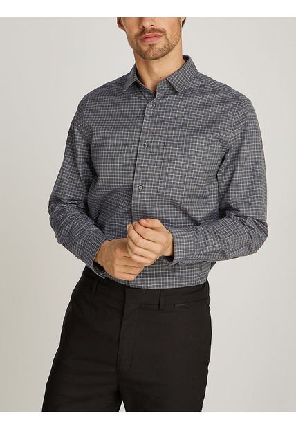 Camisa Gris De Cuadros De Sarga Elástica Calvin Klein