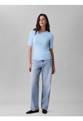 Camiseta Celeste De Algodón Con Logotipo Calvin Klein