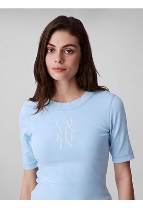 Camiseta Celeste De Algodón Con Logotipo Calvin Klein