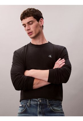 Camiseta Negra De Manga Larga Con Monograma Calvin Klein