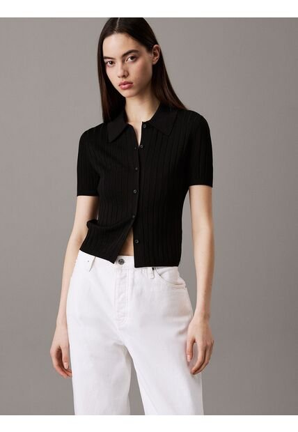 Top Negro Tipo Polo Cropped De Punto Liso Calvin Klein