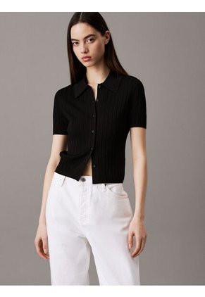 Top Negro Tipo Polo Cropped De Punto Liso Calvin Klein