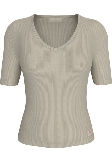 Camiseta Gris Slim De Canalé Con Cuello En V Calvin Klein