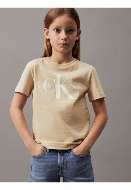 Camiseta Niño Beige Unisex Con Logo Calvin Klein