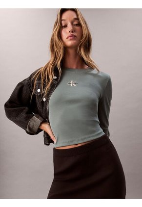 Camiseta Verde Manga Larga Ajustada Con Monograma Calvin Klein