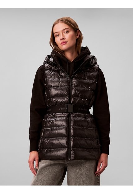 Chaqueta Negra Puffer Liviana Sin Mangas Con Cinturón Calvin Klein