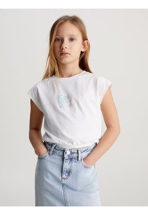 Camiseta Blanca Boxy Con Logo Aterciopelado Para Niña Calvin Klein