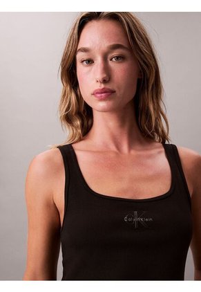 Camiseta Negra De Tirantes Acanalada Con Monograma Calvin Klein