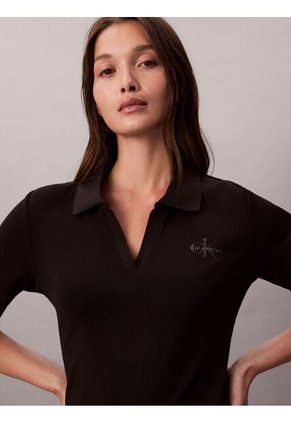 Vestido Negro Polo Acanalado De Manga Larga Calvin Klein