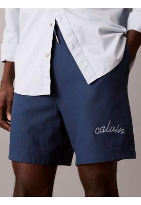 Pantaloneta Azul De Felpa Con Logotipo Bordado Calvin Klein