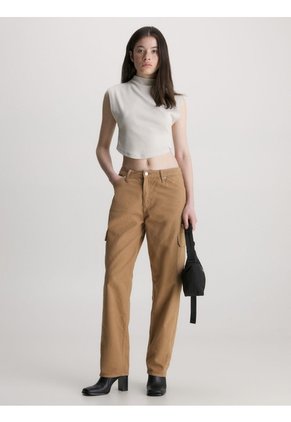 Camiseta De Tirantes Cropped De Punto De Canalé Mujer Beige Calvin Klein