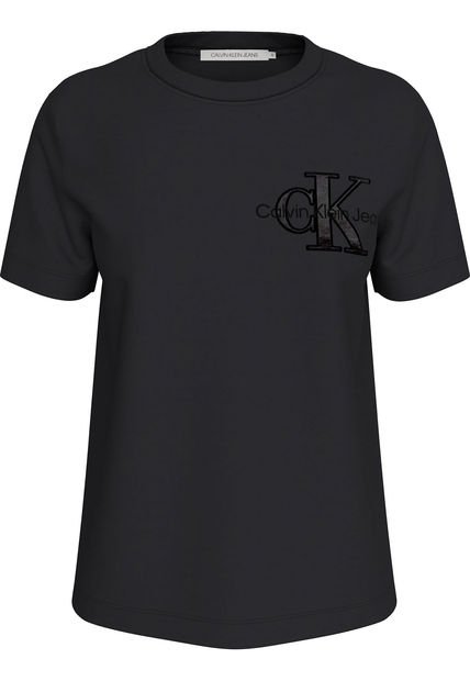 Camiseta Negra Regular Con Aplique De Satén Calvin Klein
