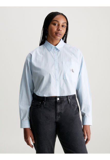Camisa Celeste Cropped De Popelín De Algodón Calvin Klein