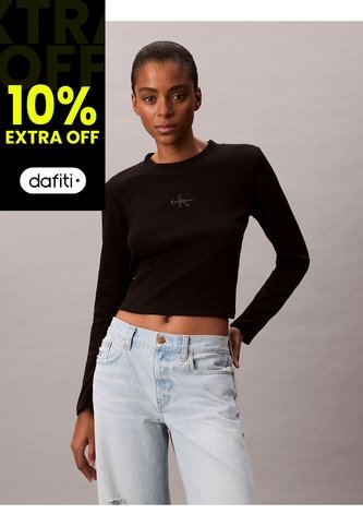 Camiseta Negra Manga Larga Ajustada Con Monograma Calvin Klein Calvin Klein