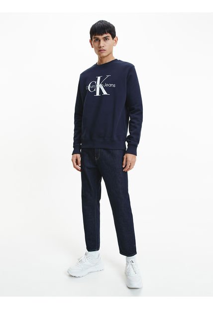 Suéter Azul Azul Con Cuello Redondo Y Logo Calvin Klein