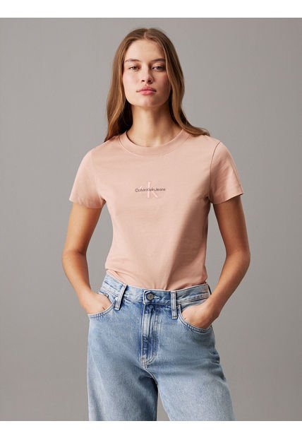 Camiseta Beige Slim Con Logotipo Tonal Calvin Klein