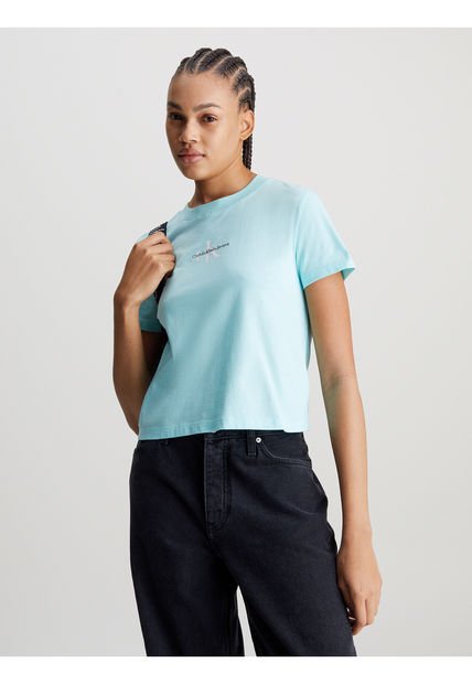 Camiseta Celeste Cropped Con Monologo Para Mujer Calvin Klein