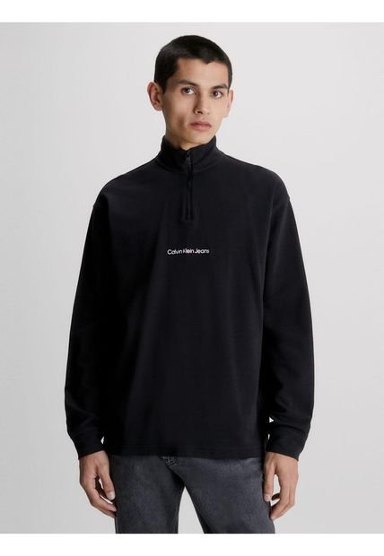 Camiseta Negra De Manga Larga Con Cuello Cierre Calvin Klein