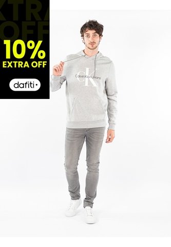 Buzo Gris Con Gorro Y Logo Celeste Calvin Klein Calvin Klein