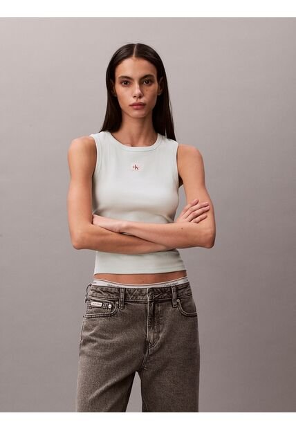 Camiseta Verde De Tirantes Acanalada Con Etiqueta De Monograma Calvin Klein