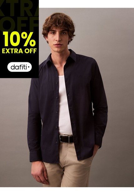 Camisa Azul Slim Fit Elástica De Manga Larga Calvin Klein