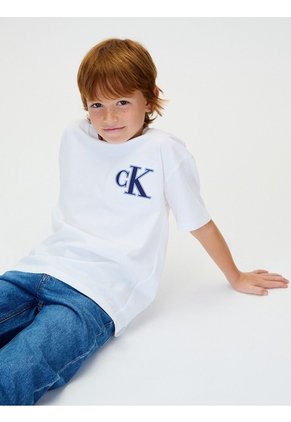 Camiseta Blanca Para Niño De Manga Corta Con Logo De Monograma Bordado Calvin Klein