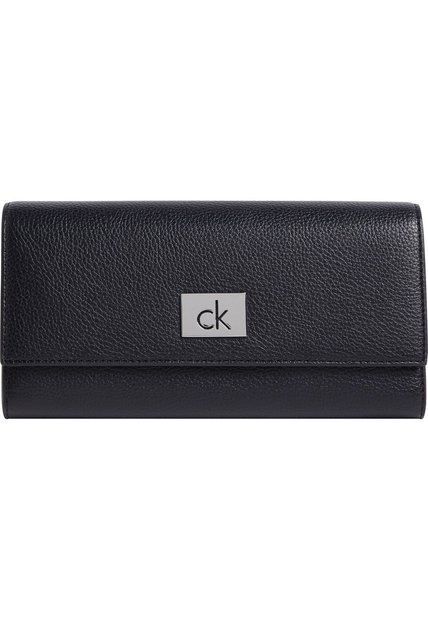 Billetera Negra Trifold Con Placa Metálica Calvin Klein