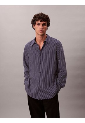 Camisa Azul Cómoda De Manga Larga Con Estampado De Rayas Calvin Klein