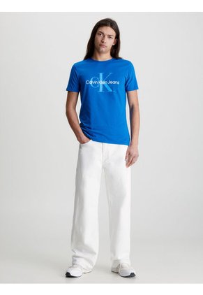 Camiseta Slim De Algodón Orgánico Con Logo Hombre Azul Calvin Klein