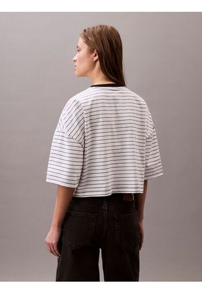 Camiseta Blanca Boxy A Rayas Cropped Calvin Klein