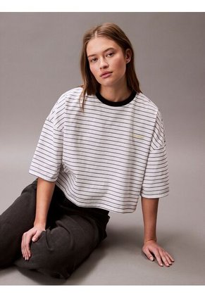 Camiseta Blanca Boxy A Rayas Cropped Calvin Klein
