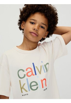 Camiseta Beige De Manga Corta Con Estampado De Logo Multicolor Calvin Klein