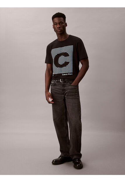 Camiseta Negra De Manga Corta Con Estampado Gráfico A Rayas Calvin Klein