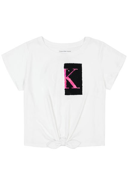 Camiseta Blanca Con Lentejuelas Y Detalle De Lazo Para Niña Calvin Klein