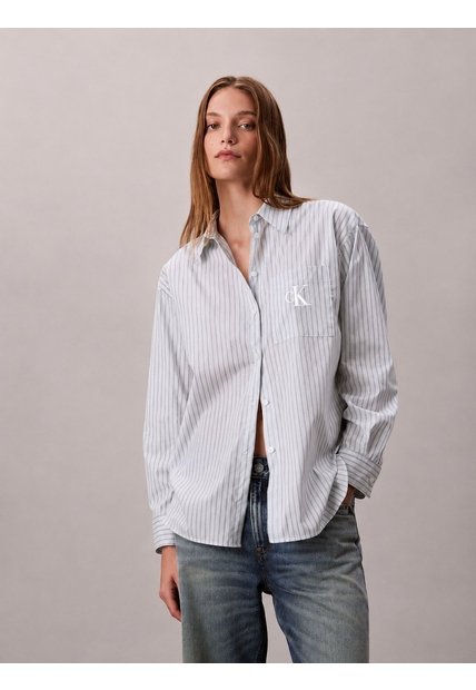 Camisa Celeste Con Logo Bordado Y Patrón De Rayas Calvin Klein