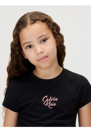 Camiseta Negra Para Niña De Manga Corta Con Logo Cursivo Calvin Klein