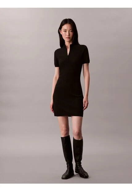 Vestido Negro Mini Tipo Saco Tejido Con 1/4 Cremallera Calvin Klein