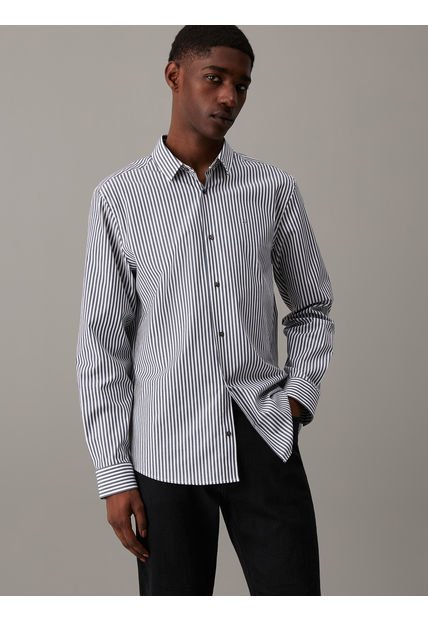 Camisa Negra Elástica A Rayas De Popelina Calvin Klein