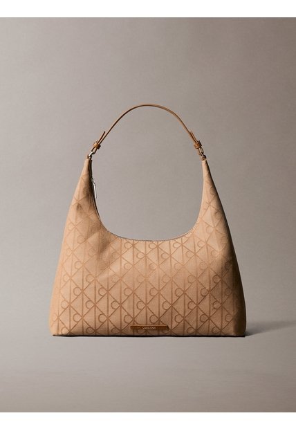 Bolso Beige Hobo Mediano En Jacquard De Emblema Calvin Klein