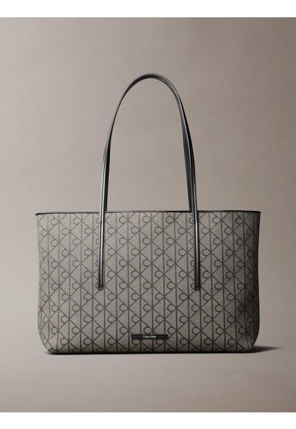 Bolso Beige Tote En Jacquard De Emblema Calvin Klein