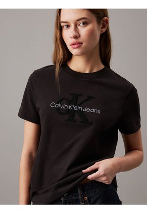 Camiseta Negra De Chenilla Con Monograma Calvin Klein