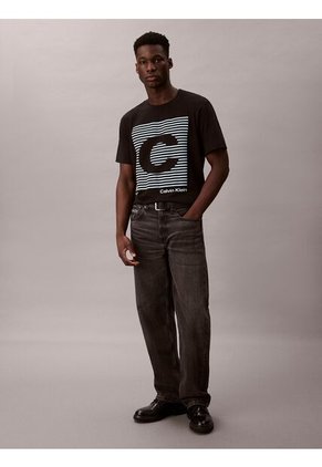 Camiseta Negra De Manga Corta Con Estampado Gráfico A Rayas Calvin Klein