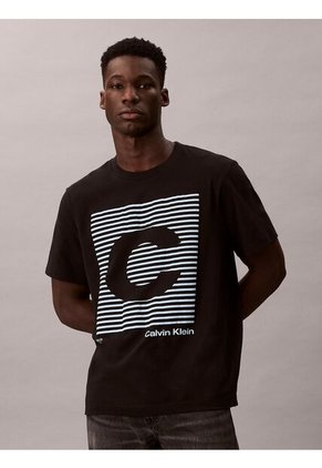 Camiseta Negra De Manga Corta Con Estampado Gráfico A Rayas Calvin Klein