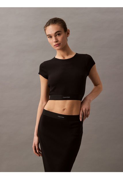 Camiseta Negra De Estar Por Casa Cropped - Cotton Stretch Rib Calvin Klein