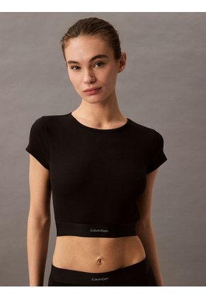 Camiseta Negra De Estar Por Casa Cropped - Cotton Stretch Rib Calvin Klein