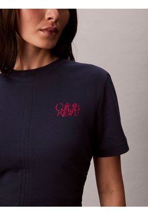 Camiseta Azul De Manga Corta Con Logo Estampado Manuscrito Calvin Klein