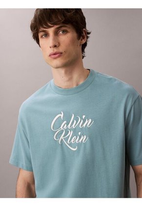 Camiseta Azul De Algodón Grueso Con Logo Cursivo Calvin Klein