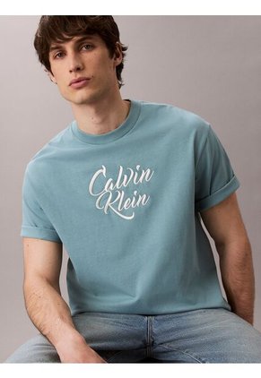 Camiseta Azul De Algodón Grueso Con Logo Cursivo Calvin Klein